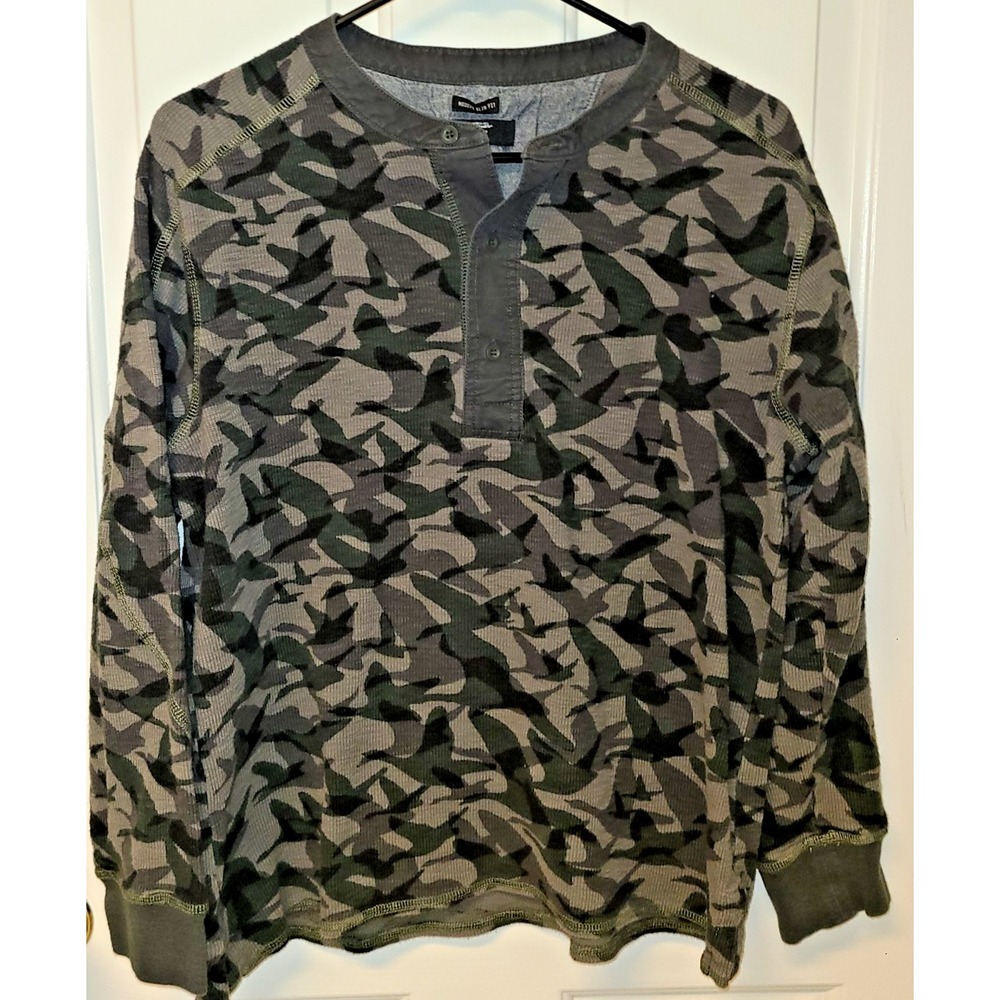 Eddie Bauer X Ilaria Urbinati Mens L Henley Thermal Pullover Waffle Army Camo